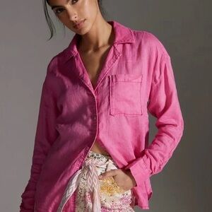 Anthropologie 100% Linen Maeve Ruched-Sleeve Buttondown Bright Pink XS